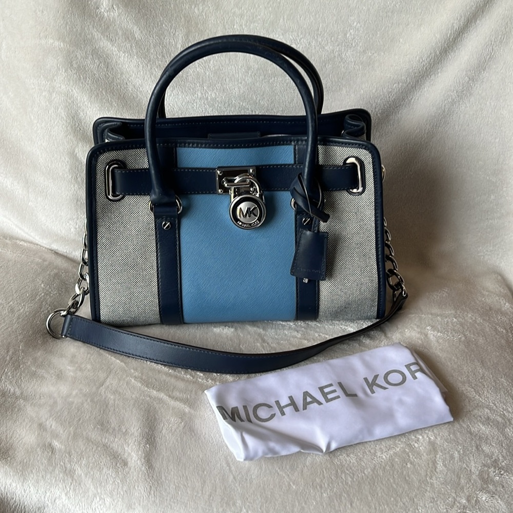 New with Tags Navy/Sky/Silver Michael Kors Hamilton Satchel